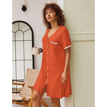 Ekouaer Nightgowns for Women Button Down Pajamas Tops Short Sleeve Sleepwear V-Neck Sleepwear Caramel M