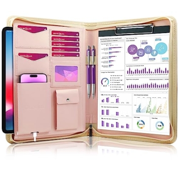 Darolin Zip Portfolio Padfolio Organizer: Leather Clipboard Bag in Rose Gold