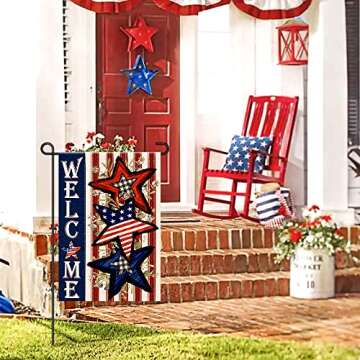 Independence Day 4th of July Garden Flag Burlap 12x18 Inch Double Sided, Patriotic American Stars an...