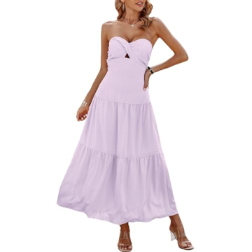 ECOWISH Women's Summer Strapless Maxi Dress 2025 Off Shoulder Hollow Out Smocked A Line Tube Tiered Long Dresses Purple Small