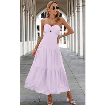 ECOWISH Women's Summer Strapless Maxi Dress 2025 Off Shoulder Hollow Out Smocked A Line Tube Tiered Long Dresses Purple Small