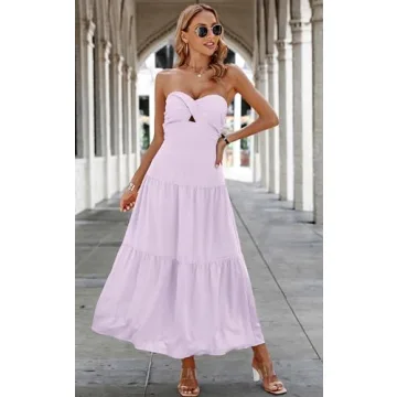 ECOWISH Women's Summer Strapless Maxi Dress 2025 Off Shoulder Hollow Out Smocked A Line Tube Tiered Long Dresses Purple Small