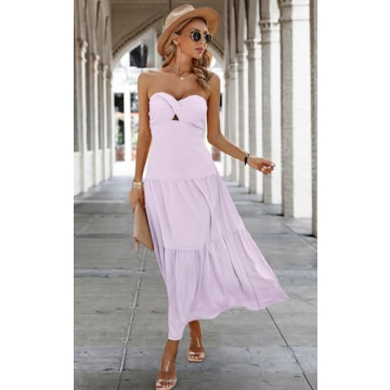 ECOWISH Women's Summer Strapless Maxi Dress 2025 Off Shoulder Hollow Out Smocked A Line Tube Tiered Long Dresses Purple Small