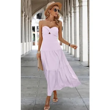 ECOWISH Women's Summer Strapless Maxi Dress 2025 Off Shoulder Hollow Out Smocked A Line Tube Tiered Long Dresses Purple Small