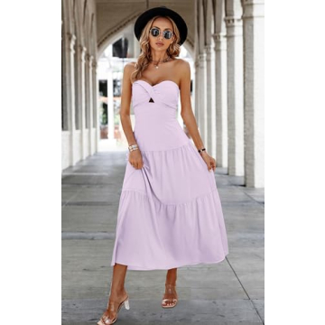 ECOWISH Women's Summer Strapless Maxi Dress 2025 Off Shoulder Hollow Out Smocked A Line Tube Tiered Long Dresses Purple Small