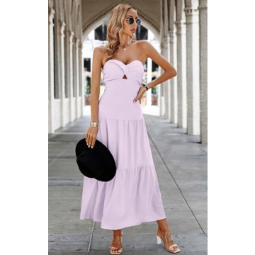 ECOWISH Women's Summer Strapless Maxi Dress 2025 Off Shoulder Hollow Out Smocked A Line Tube Tiered Long Dresses Purple Small