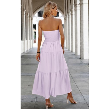 ECOWISH Women's Summer Strapless Maxi Dress 2025 Off Shoulder Hollow Out Smocked A Line Tube Tiered Long Dresses Purple Small