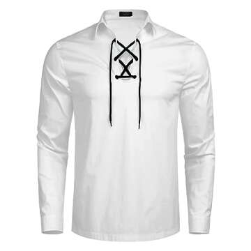 COOFANDY Men's Scottish White Jacobite Ghillie Kilt Shirt, White, M