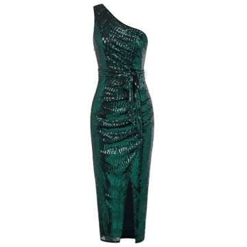 GRACE KARIN Women Sleeveless One Shoulder Sequin Dress Sparkly Glitter Wrap Dress Sequin Formal Maxi Dresses with Slit Dark Green M