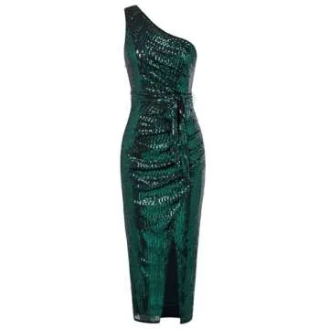 GRACE KARIN Women Sleeveless One Shoulder Sequin Dress Sparkly Glitter Wrap Dress Sequin Formal Maxi Dresses with Slit Dark Green M