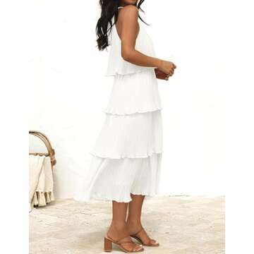 ZESICA Women's 2024 Summer Sleeveless Halter Neck Ruffle Tiered Layed Chiffon Flowy Swing Long Midi Dress,White,Large