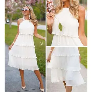 ZESICA Women's 2024 Summer Sleeveless Halter Neck Ruffle Tiered Layed Chiffon Flowy Swing Long Midi Dress,White,Large