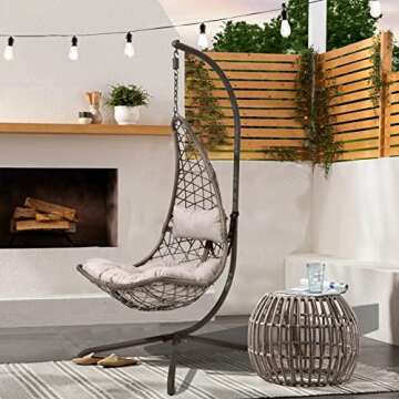SUNSITT Swing Egg Chair Outdoor Indoor Wicker Hammock Hanging Chair Patio Lounge Chair with Stand and Cushions for Balcony, Deck, Bedroom, Grey Wicker