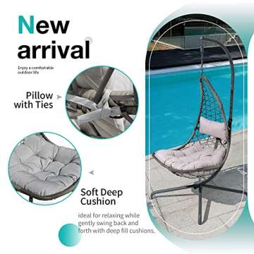 SUNSITT Swing Egg Chair Outdoor Indoor Wicker Hammock Hanging Chair Patio Lounge Chair with Stand and Cushions for Balcony, Deck, Bedroom, Grey Wicker