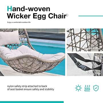 SUNSITT Swing Egg Chair Outdoor Indoor Wicker Hammock Hanging Chair Patio Lounge Chair with Stand and Cushions for Balcony, Deck, Bedroom, Grey Wicker