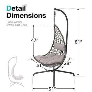 SUNSITT Swing Egg Chair Outdoor Indoor Wicker Hammock Hanging Chair Patio Lounge Chair with Stand and Cushions for Balcony, Deck, Bedroom, Grey Wicker