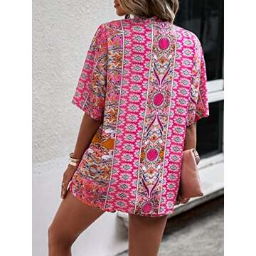 MakeMeChic Women's Boho 2 Piece Outfits Tropical Kimono Blouse & Shorts Set Pink S