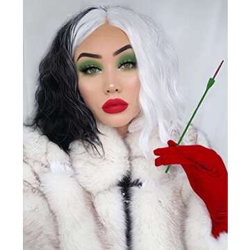 Mildiso Black and White Cruella Deville Wig for Women Cruella Deville Costume Short Curly Wavy Hair ...