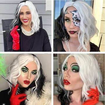 Mildiso Black and White Cruella Deville Wig for Women Cruella Deville Costume Short Curly Wavy Hair Wig Cute Soft Wigs for Costume Party M058C