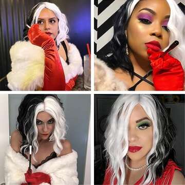 Mildiso Black and White Cruella Deville Wig for Women Cruella Deville Costume Short Curly Wavy Hair Wig Cute Soft Wigs for Costume Party M058C