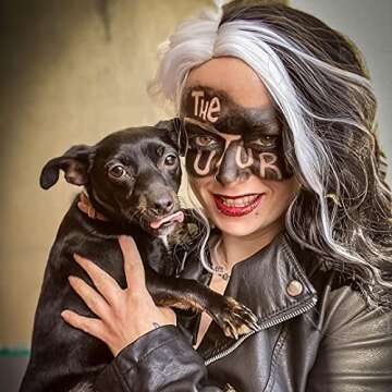 Mildiso Black and White Cruella Deville Wig for Women Cruella Deville Costume Short Curly Wavy Hair Wig Cute Soft Wigs for Costume Party M058C