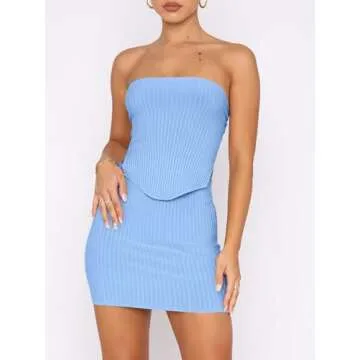 ANRABESS Womens Two Piece Skirt Sets Summer Outfit Strapless Going Out Crop Tops Sexy Mini Club Dress Matching Set 2025 X-Small Sky