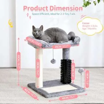 Made4Pets Small Cat Tree Tower, Cat Scratching Post 4-in-1 with Cat Self Groomer Brush, 20" Tall Natural Sisal Cat Scratcher, Soft Plush Cat Perch Bed with Dangling Ball for Indoor Kittens, Grey