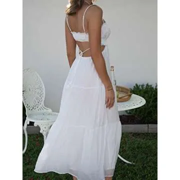 Women Y2k Bodycon Long Dress Spaghetti Strap Cutout Maxi Dress Sexy Backless Dress Clubwear White S