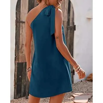 Fesier One Shoulder Dresses for Women Sexy Sleeveless Silk Knot Shift Mini Dress Casual Solid Color Cocktail Party Dress(Dark Blue,Small)