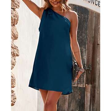 Fesier One Shoulder Dresses for Women Sexy Sleeveless Silk Knot Shift Mini Dress Casual Solid Color Cocktail Party Dress(Dark Blue,Small)