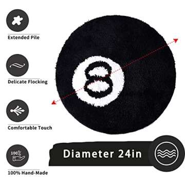 8 Ball Rug - 24 inch Black Round Carpet Billiard Pool 8 Ball Carpet, Non-Slip Flocking Floor Bath Mat for Living Room Decor, Alt Room Decor Soft Y2K Rug Hypebeast Doormat for Bedroom