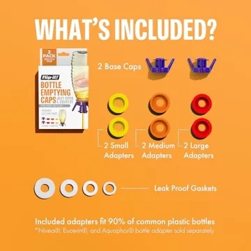 Flip-It! 2-Pack Premium Bottle Emptying Kit – No More Wasted Product - Fits Most Plastic Bottles – Get Out Every Drop of Shampoos, Lotions, & More – 2 Base Caps, 6 Adapters – Bright Color Edition