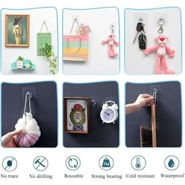 Ruucy 20PCS Adhesive Picture Hooks, Picture Hangers Without Nails, Transparent No Damage Picture Hanging Hooks for Pictures, Frames, Wreath and Wall Decor, No Nail