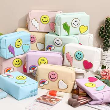 Sanwuta 12 Pcs Preppy Patch Makeup Bag Chenille Letters Cosmetic Bag Pu Leather Preppy Organizer Sma...