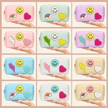 Sanwuta 12 Pcs Preppy Patch Makeup Bag Chenille Letters Cosmetic Bag Pu Leather Preppy Organizer Small Smile Lightning Heart Toiletry Pouch Portable Waterproof Storage Purse Pouch for Women Adults