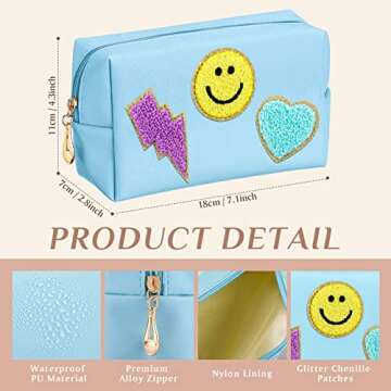 Sanwuta 12 Pcs Preppy Patch Makeup Bag Chenille Letters Cosmetic Bag Pu Leather Preppy Organizer Small Smile Lightning Heart Toiletry Pouch Portable Waterproof Storage Purse Pouch for Women Adults