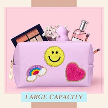 Sanwuta 12 Pcs Preppy Patch Makeup Bag Chenille Letters Cosmetic Bag Pu Leather Preppy Organizer Small Smile Lightning Heart Toiletry Pouch Portable Waterproof Storage Purse Pouch for Women Adults