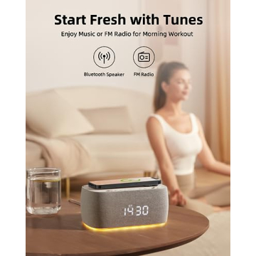 EZVALO Alarm Clock with Wireless Charging,Multifunctional Alarm Clock with Bluetooth Speaker,Dimmable LED Display with 9V&2A Fast Charging Port,Clock Radios for Bedroom,Aesthetic Bedside Alarm Clock