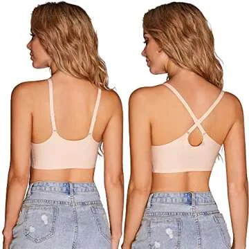 PRETTYWELL Bralettes for Women Padded, Cross-Back Bras for Women Wirefree, Seamless Comfortable Bra with Adjustable Straps (Nude, L)