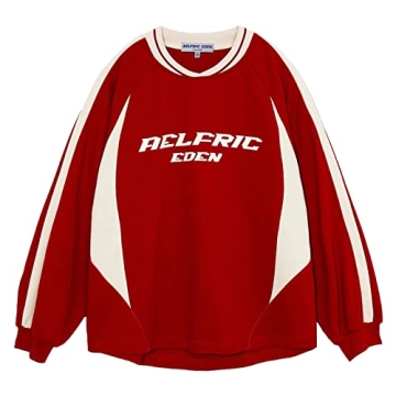 Aelfric Eden Oversized Crewneck Sweatshirts for Men Red Vintage Graphic Pullover Loose Fit Streetwea...