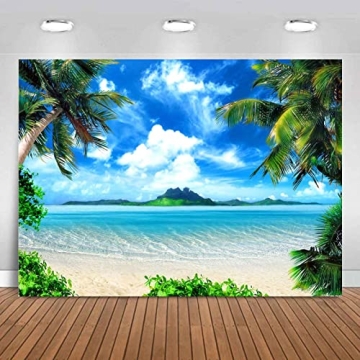 Summer Beach Theme Photo Hawaiian Ocean Blue Sky Seaside Tropical Palm Trees Luau Birthday Party Dec...
