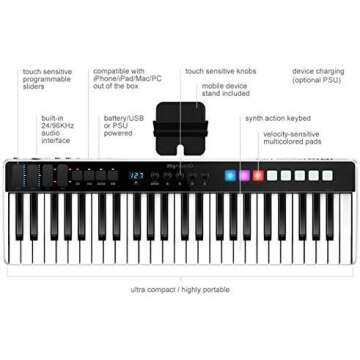 IK Multimedia iRig Keys I/O 49 portable keyboard MIDI controller 24-bit/ 96Khz audio interface full-size synth velocity-sensitive, 48V phantom power, XLR mic preamp, iPhone, iPad, Android, Mac, PC
