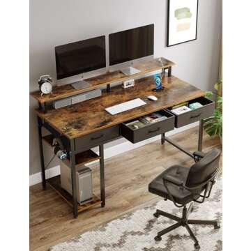 Rolanstar Computer Desk with Power Outlets & LED Light, 39 inch Home Office Desk with 3 Drawers and ...