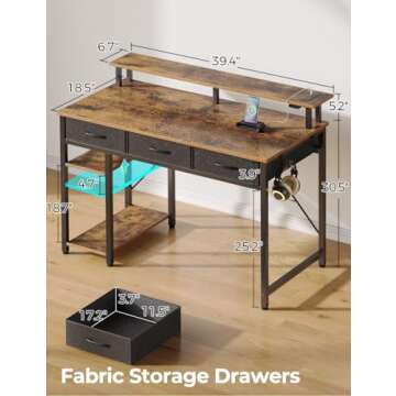 Rolanstar Computer Desk with LED & Power Outlets, 39 inch