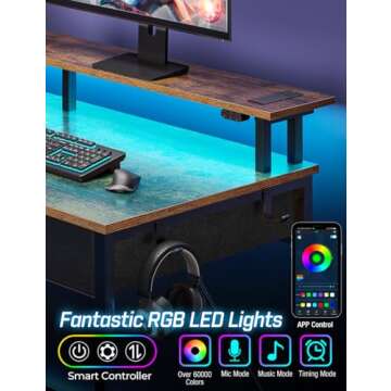 Rolanstar Computer Desk with LED & Power Outlets, 39 inch