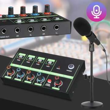 Tellegloww Podcast Equipment Bundle for 4, Complete Studio Kit Includes 4 Dynamic Microphones, 4 Adjustable Stands, 4-Channel Audio Mixer, 4 Monitoring Headphones with Splitter, Recording, Streaming