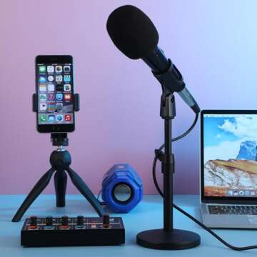 Tellegloww Podcast Equipment Bundle for 4, Complete Studio Kit Includes 4 Dynamic Microphones, 4 Adjustable Stands, 4-Channel Audio Mixer, 4 Monitoring Headphones with Splitter, Recording, Streaming