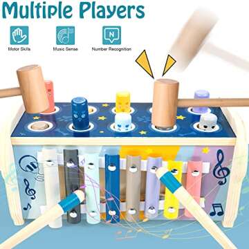 KIDWILL Wooden Hammering Pounding Toy for 12+ Months Kids, Montessori Toys for 1+ Year Old Babies, Early Development Toy with Pounding Bench, Xylophone, Number Sorting Maze, Gifts for Toddlers Age 1-2