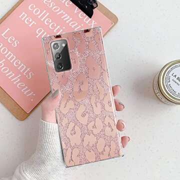 J.west for Samsung Galaxy Note 20 Case 6.7 inch,Luxury Saprkle Bling Glitter Leopard Print Design Soft Metallic Slim Protective Phone Cases for Women Girls Clear TPU Bumper Silicone Cover Rose Gold