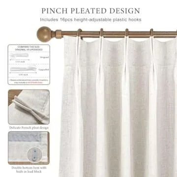 IVAPUPU Natural Thick Linen Blend Pinch Pleated Blackout Curtains for Bedroom - Black Out Curtains 84 Inch 2 Panels for Living Room Darkening Thermal Insulated Window Curtain Drapes with 16pc Hooks